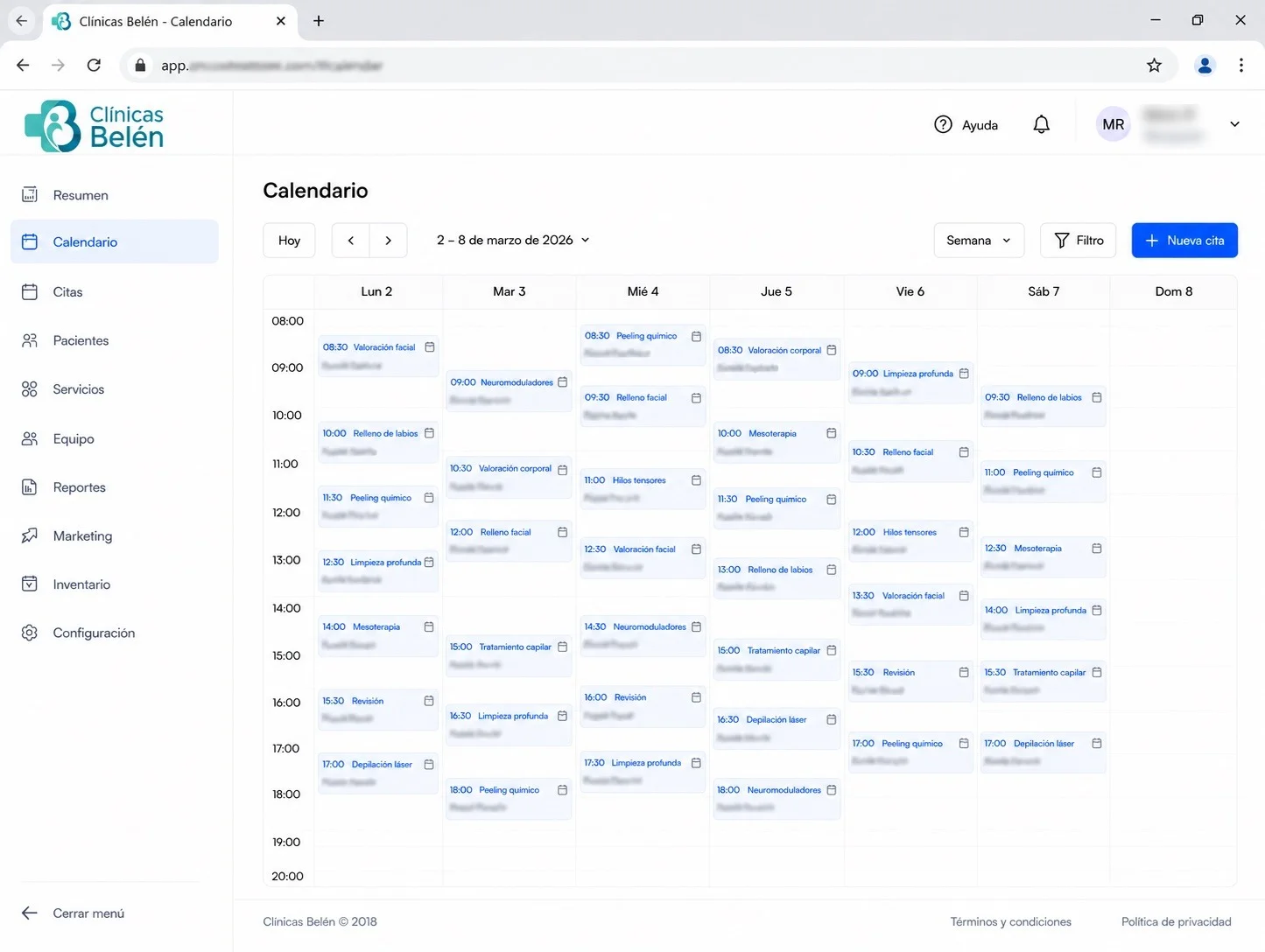 Calendario de citas de Clínicas Belén