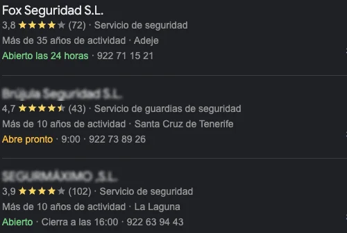 Ranking de Fox Seguridad S.L. en Google Maps